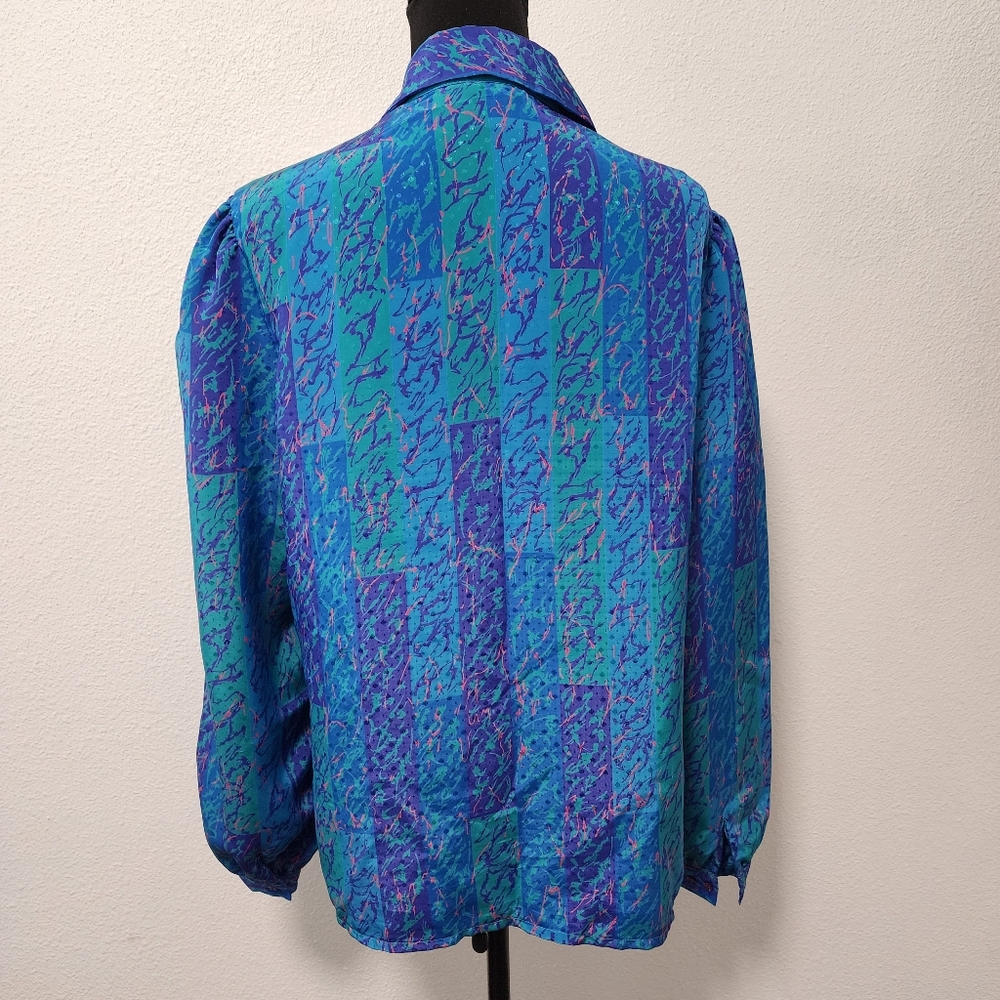 Vintage 80s Gailord Blue Polyester Button Front Blouse - Picture 3 of 9